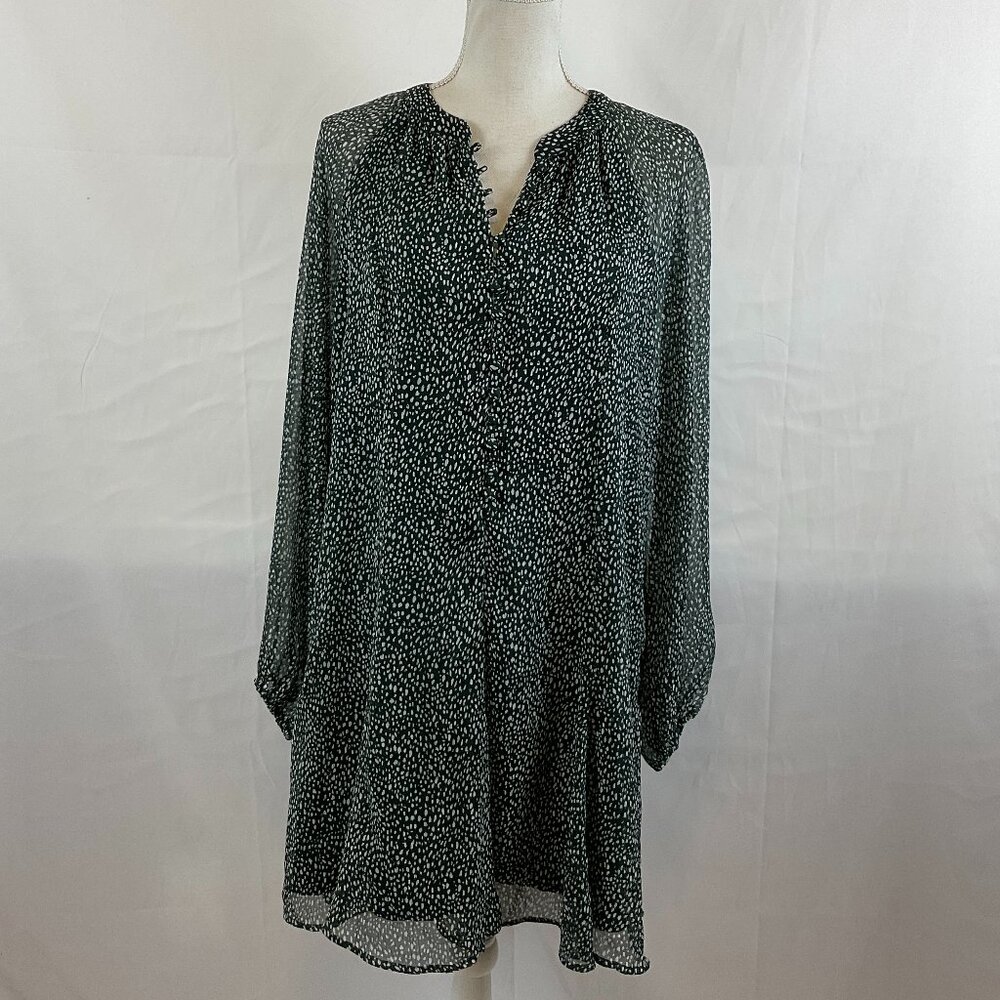 Joie Dress L Forest Green White Print Shift Long Sheer Sleeve
